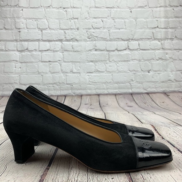 Salvatore Ferragamo Suede Patent Square Toe Heels